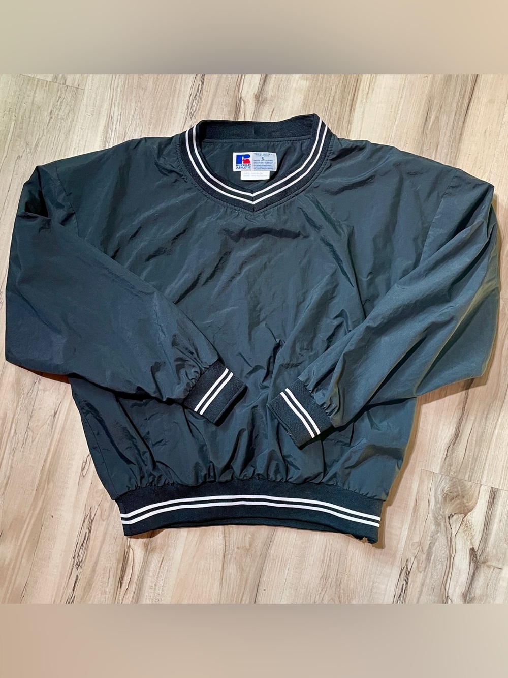 Russell Athletic Vintage Black Pullover Windbreaker with White Stripe Trim